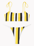 Biquíni Araya: Dance com as cores do céu em amarelo, preto, branco e laranja vibrantes. Conforto, liberdade e o toque feminino Alô Sol para seus dias de sol.