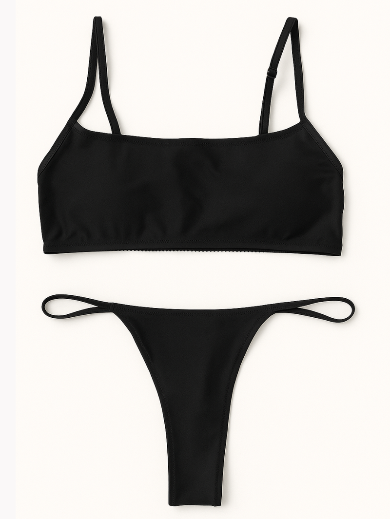 Biquíni Araya: Dance com as cores do céu em amarelo, preto, branco e laranja vibrantes. Conforto, liberdade e o toque feminino Alô Sol para seus dias de sol.