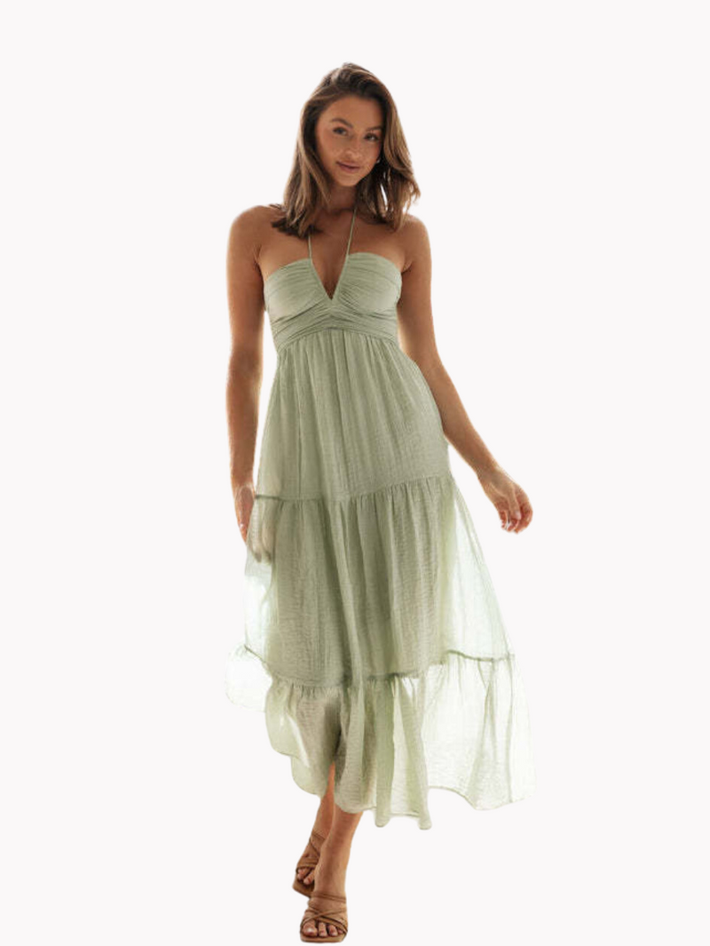 Vestido Flor de Lótus: modelo tomara que caia com amarração no pescoço. Elegância e feminilidade para ocasiões especiais. Descubra na Alô Sol.